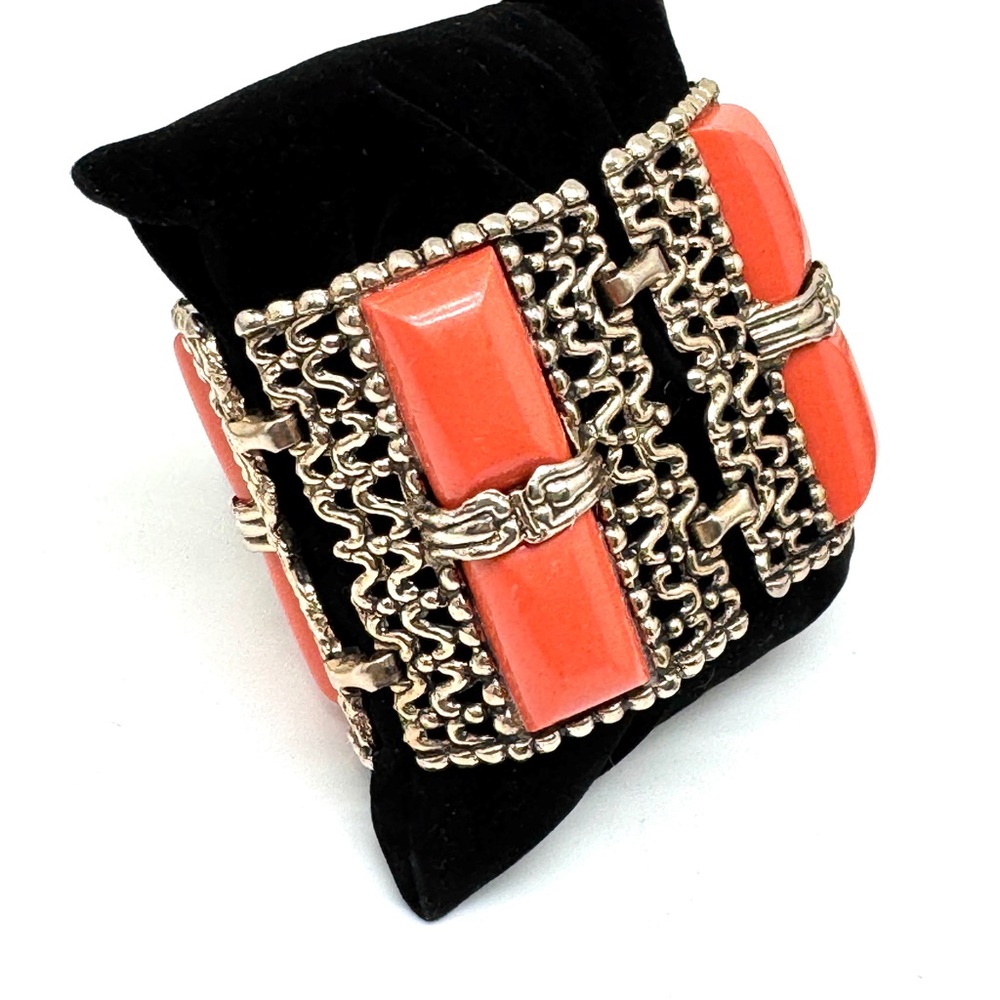 Vintage Coral Thermoset Panel Link Filigree Bracelet